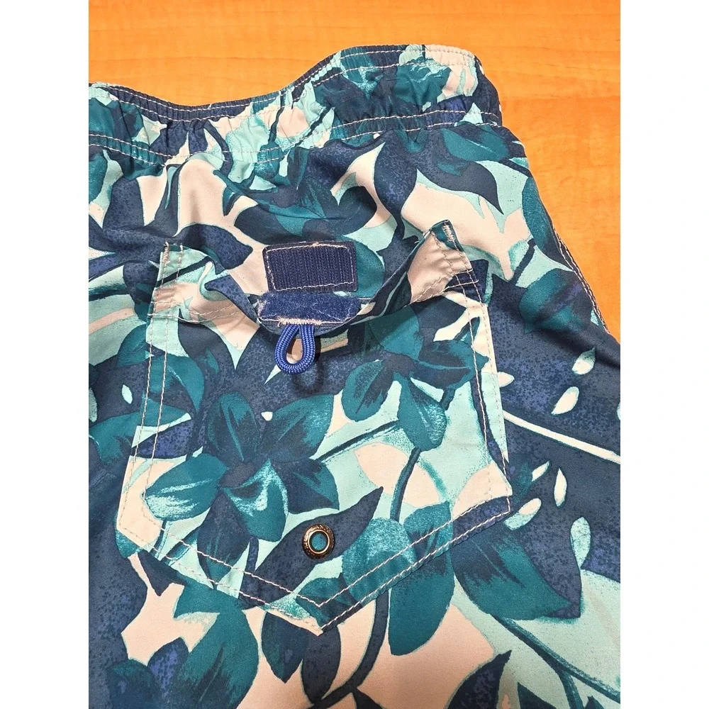 Lands End Mens Tropical Floral Swim Trunks Blue Teal Monstera Board Shorts Med
